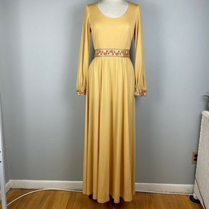 Vintage 60s Julie Miller Gold Mushroom Trim Hippie Cottagecore Long Dress Small